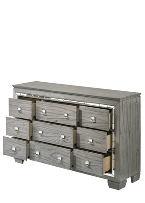 English Elm Antares Light Gray Oak Finish Dresser with 9 Spacious Drawers, Mirrored Trim & Modern Block Legs B2726P257363