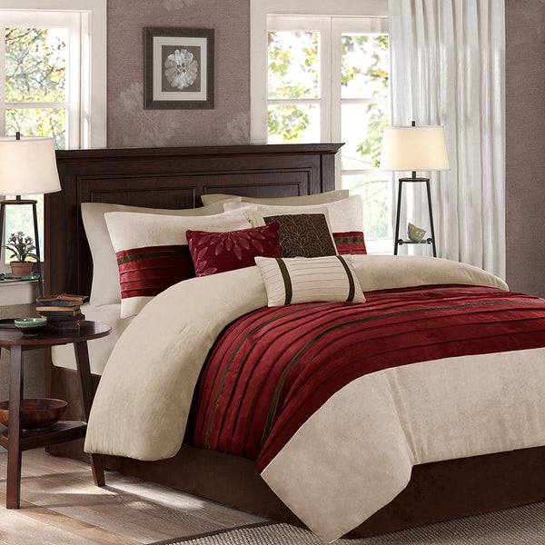 JLA Home Madison Park - 7 Piece Faux Suede Comforter Set - Plush Red & Khaki Microsuede Comforter, Embroidered Pillows, Machine Washable, Transitional Cozy Layered Look MP10-2267