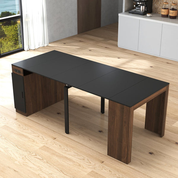 English Elm Modern Extendable Dining Table with Built-In Outlet, USB Ports & Storage, Space-Saving Console to 118" Walnut+black W331S00190