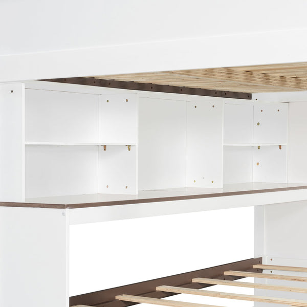 English Elm House-shaped Pine Bunk Bed with Built-in Slide Storage Staircase Twin Over Full Kids Frame White N820S00067K