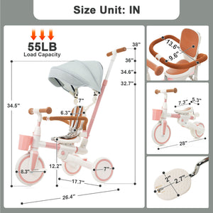 English Elm 7 in 1 Convertible Toddler Tricycle Aluminum Frame Push Trike with Rotating Seat Canopy Pink N726P300636G