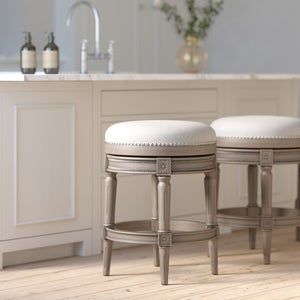 English Elm 26in. Faux Leather Swivel Barstool Nailhead Trim Carved Wood Counter Height Kitchen Gray B2751P436440