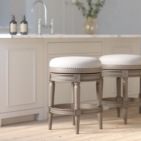 English Elm 26in. Faux Leather Swivel Barstool Nailhead Trim Carved Wood Counter Height Kitchen Gray B2751P436440