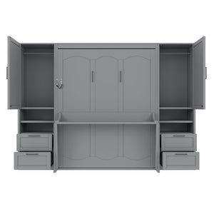English Elm Queen Murphy Fold Down Wall Bed with Wardrobe Drawers and Shelves for Guest Rooms Gray LP000909AAE-2