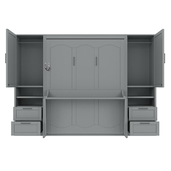 English Elm Queen Murphy Fold Down Wall Bed with Wardrobe Drawers and Shelves for Guest Rooms Gray LP000909AAE-2