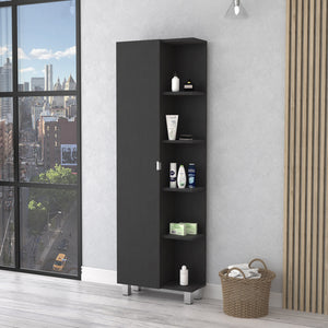 English Elm Urano Mirrored Linen Cabinet with 4 Interior Adjustable Shelves and 5 Open Exterior Storage Shelves Black 63.4 L x 16.5 W x 4.7 H B20091988