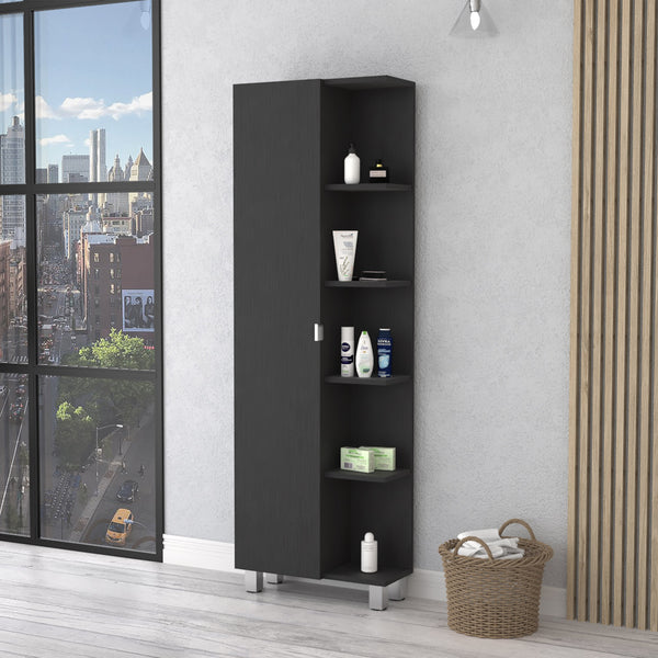 English Elm Urano Mirrored Linen Cabinet with 4 Interior Adjustable Shelves and 5 Open Exterior Storage Shelves Black 63.4 L x 16.5 W x 4.7 H B20091988