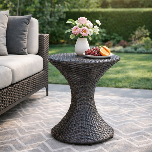 English Elm Outdoor Wicker Hourglass Side Table Sculptural Rattan Weave Patio Accent N773P362081B
