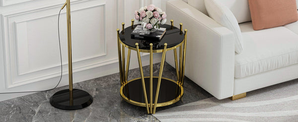 English Elm 19.69inch Gold Round Coffee Table with Crown Frame, 8mm Tempered Glass, Stainless Steel Base, Chic Storage Black W1550P171469