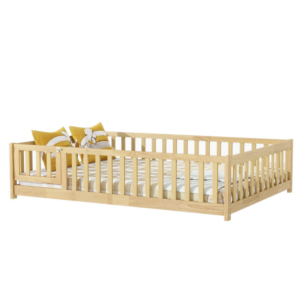 English Elm Twin Size Rubberwood Floor Bed with Safety Fence for Toddler Rooms Natural Finish W504P370533