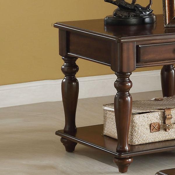 English Elm Walnut Parquet Top End Table with Turned Legs, Single Drawer & Lower Shelf for Classic Charm (98) B062P209076