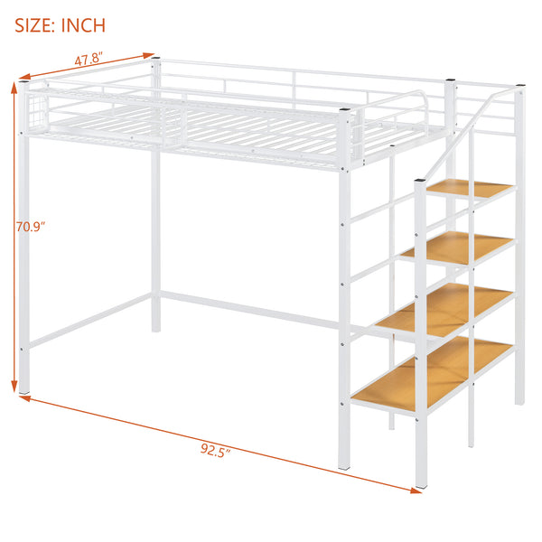 English Elm Twin Metal Loft Bed with Upper Grid Storage Shelf and 4-Layer Ladder Shelves for Space Saving White SF100081AAK