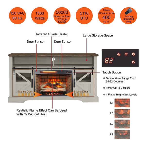English Elm 60 Inch Farmhouse Electric Fireplace Tv Stand with Led Flame and Cabinet Storage W1769S00004