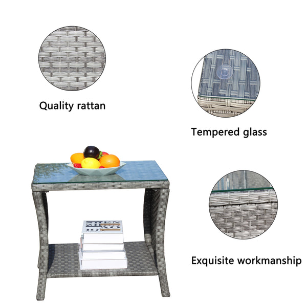 English Elm Outdoor Patio Coffee Table with Clear Tempered Glass, Grey PE Rattan Steel Frame, UV & Water Resistant W209P220242