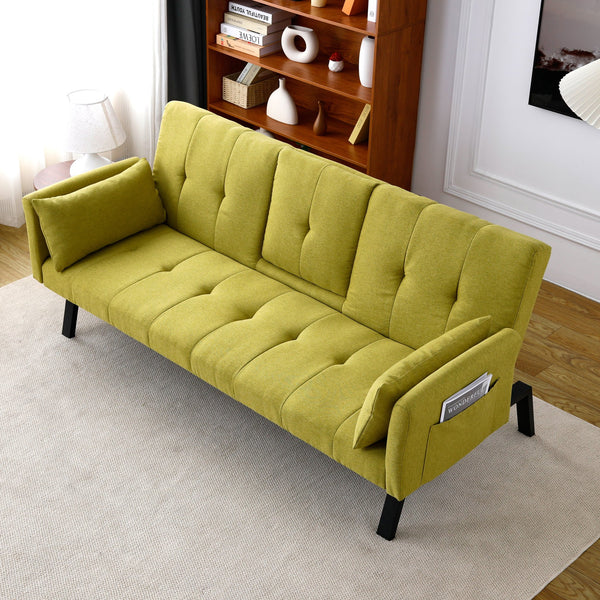 English Elm 70-inch Foldable Cotton Linen Sofa Bed with Cup Holder & Side Storage, Space-Saving 2-Seater Design Green W3371P337200