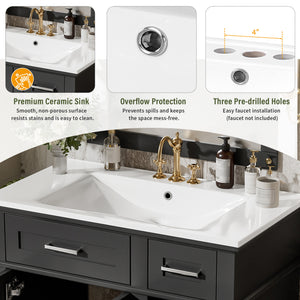 English Elm 30" Freestanding Bathroom Vanity Ceramic Sink Soft Close Cabinet Gray Wood Frame Black N729P427118B