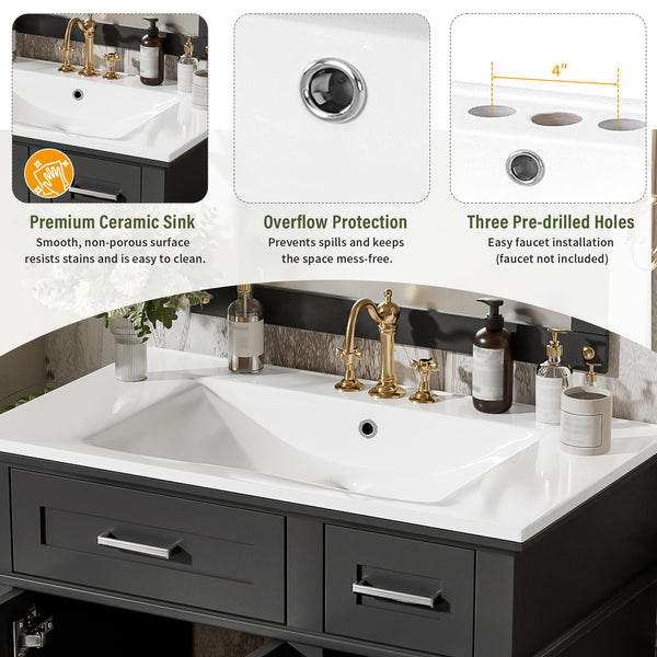 English Elm 30" Freestanding Bathroom Vanity Ceramic Sink Soft Close Cabinet Gray Wood Frame Black N729P427118B