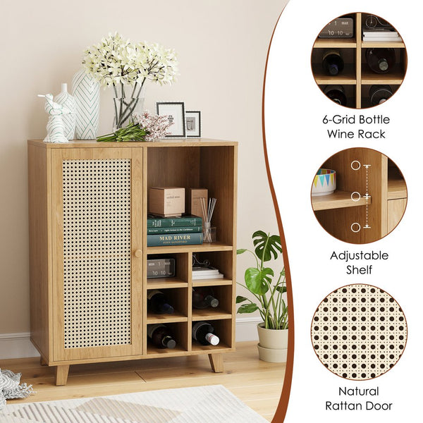 English Elm Rattan Cane Front Sideboard with Drawers Adjustable Shelf Bohemian Storage Cabinet Natural T3623P434759