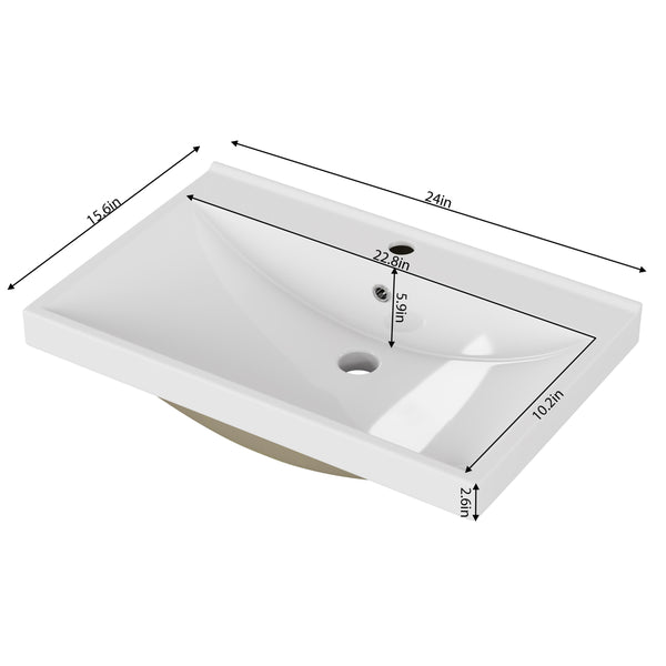 English Elm 24 Inch Thickened Ceramic Vanity Top Glossy White Basin for Small Bathroom Powder Room W3151P374492