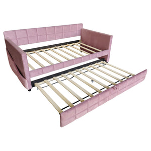 English Elm Modern Velvet Twin Daybed with Pull Out Trundle and Built in Armrest Storage Pockets Pink SF000200AAH