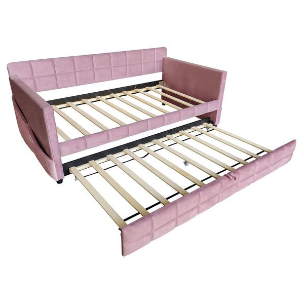 English Elm Modern Velvet Twin Daybed with Pull Out Trundle and Built in Armrest Storage Pockets Pink SF000200AAH