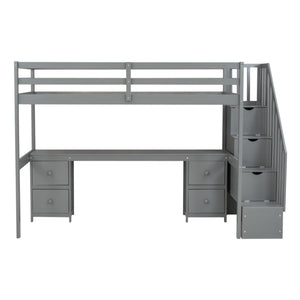 English Elm Twin Loft Bed with Built-In Desk and Double Storage Drawers, Pine & MDF Frame for Small Rooms Gray GX000382AAE