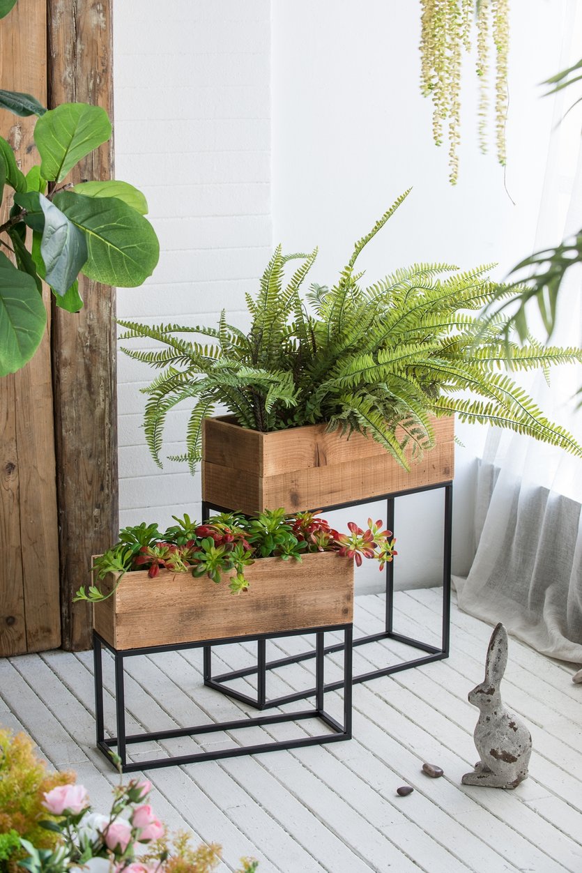English Elm Set of 2 Rustic Wood Planter Boxes with Black Iron Stands for Farmhouse Decor W2078P496655