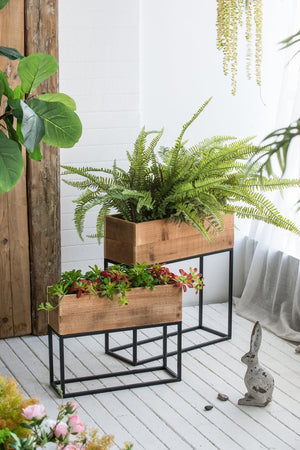 English Elm Set of 2 Rustic Wood Planter Boxes with Black Iron Stands for Farmhouse Decor W2078P496655