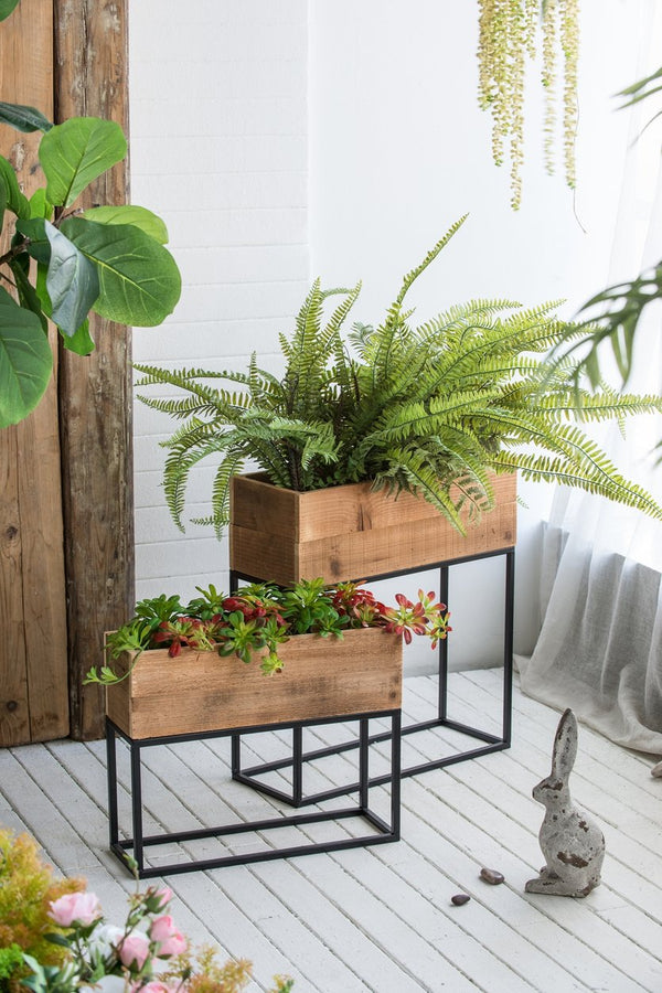 English Elm Set of 2 Rustic Wood Planter Boxes with Black Iron Stands for Farmhouse Decor W2078P496655