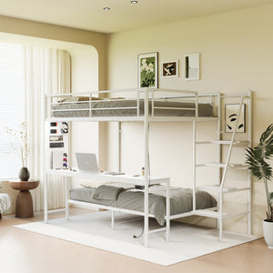 English Elm Black Metal Loft Bed with Built-in Desk Rgb Led Lighting and Charging Station White W1671S00010