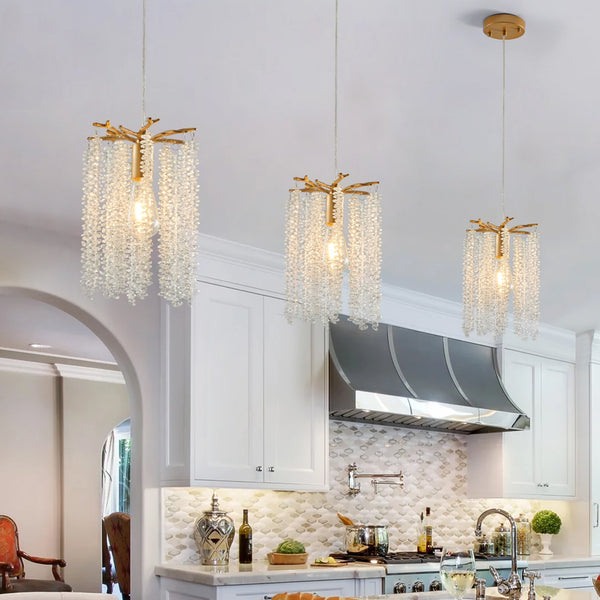 English Elm Luxury 3-Pack Crystal Pendant Lights Gold Finish Adjustable Height Chandelier Waterfall Beads for Living Room Dining Kitchen W2312P374971