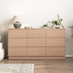 English Elm 9 Drawer Matte Wood Dresser with Wave Front Mid Century Modern Low Profile Storage Natural W409P387580
