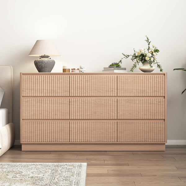English Elm 9 Drawer Mid Century Wood Dresser Low Profile Matte Finish Bedroom Storage Cabinet Natural W409S00012
