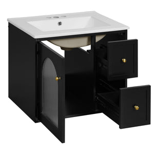 English Elm 24" Modern Wall-Mount Bathroom Vanity with Ceramic Sink, Glass Door Cabinet, 2 Drawers, Soft-Close Black N710P286704B