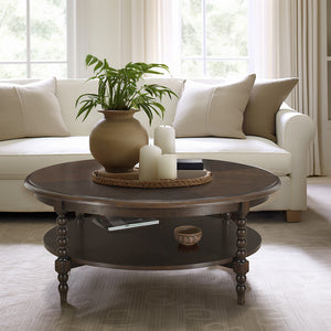 JLA Home Martha Stewart - Round Philippe Coffee Table by Martha Stewart in Morocco Brown with Lower Shelf, Turned Legs, Durable Craftsmanship MT120-1202