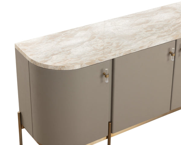 Sunpan Cataldi Sideboard - Modern Elegance With Cappuccino Marble Top & Taupe Faux Leather Wrap, Gold Base Taupe Marble ,Wood 111837