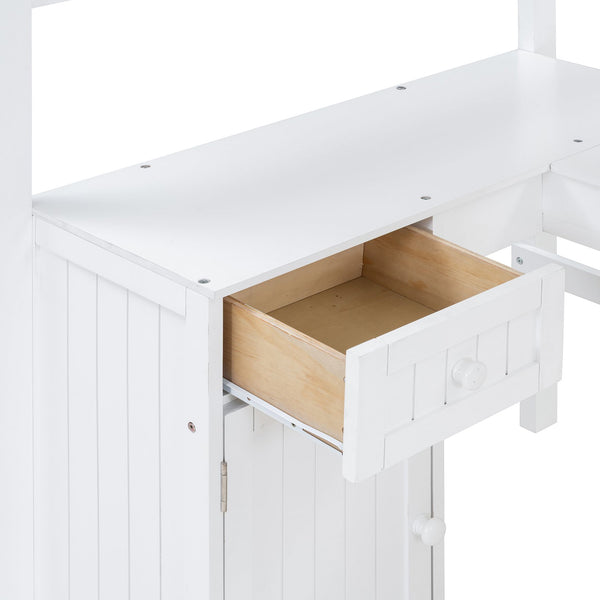 English Elm Twin Loft Bed with Desk Drawers Cabinet Shelves Solid Pine Wood White Finish LT0001505AAK-1