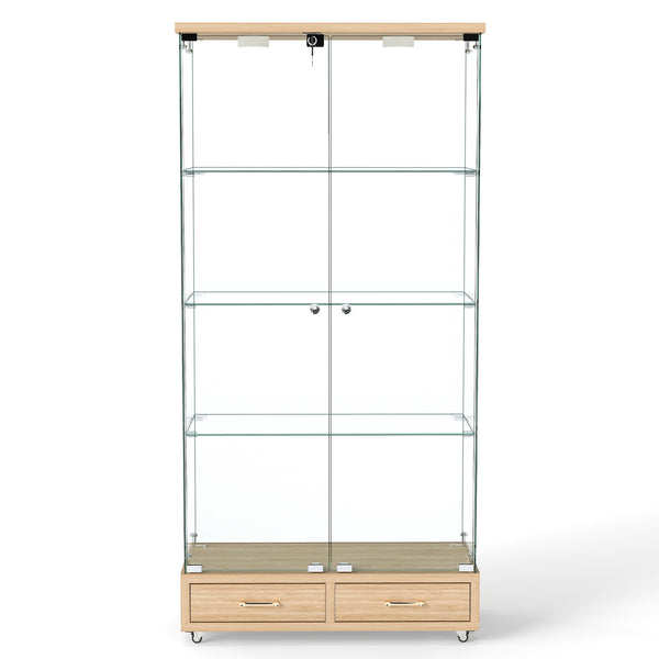 English Elm Modern Glass Display Cabinet With Led Lighting, 2 Drawers & 4 Shelves For Stylish Storage Solutions W241S00060
