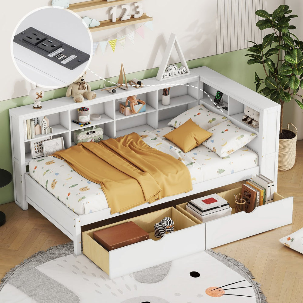 English Elm Wooden Twin Daybed with Storage Drawers Usb Charging Shelf and Pine Frame White N733S347768K