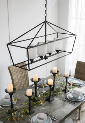 English Elm 41.7x14.2x23.8" Matte Black Iron Chandelier White Glass Panels Industrial Dining Foyer W2078P411229