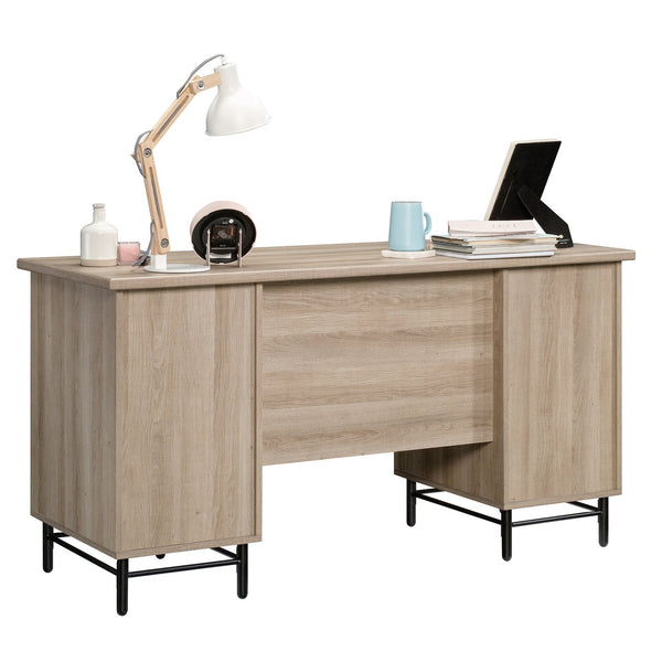 English Elm Executive Desk with Large Desktop, Light Oak & White Accents, File Drawers, Durable Metal Base B356P367821
