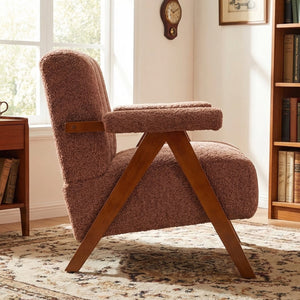 English Elm Mid-century Modern Chenille Lounge Chair Set Oak Frame Cloud Silhouette Living Room Rust Red W1170S00049
