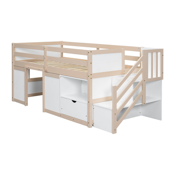 English Elm Solid Pine Twin Low Loft Bed with Stair Drawer Shelf Playhouse Frame for Kids W697S00036