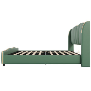 English Elm Christopher Knight Home® - Queen Plush Leather Upholstered Bed Frame with Wingback Headboard, Wavy Footboard, Quiet Support Dark Green 85.2 L x 9.8 W x 3.25 H N761S0000016F