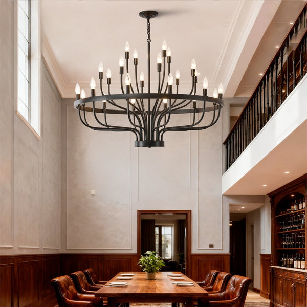 English Elm Industrial Black Metal 24 Arm Candelabra Chandelier for Dining Room or Vaulted Space W2991P406719
