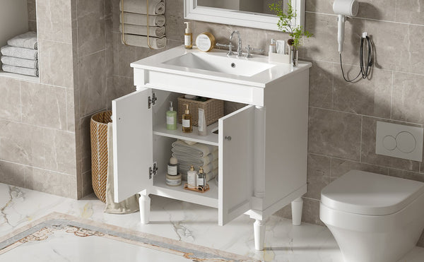English Elm 30" French Style Bathroom Vanity with Ceramic Basin Soft Close Doors Wood Legs White N710P415327K