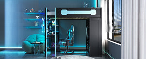 English Elm Full Size Gaming Loft Bed with Rgb Lighting Integrated Desk and Open Wardrobe Blue N820S00073C