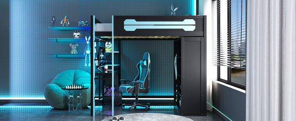 English Elm Full Size Gaming Loft Bed with Rgb Lighting Integrated Desk and Open Wardrobe Blue N820S00073C