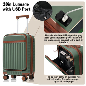 English Elm Luggage 3 Piece Abs Hard Shell Set with Usb Port Front Access and Spinner Wheels Green N726P307555E