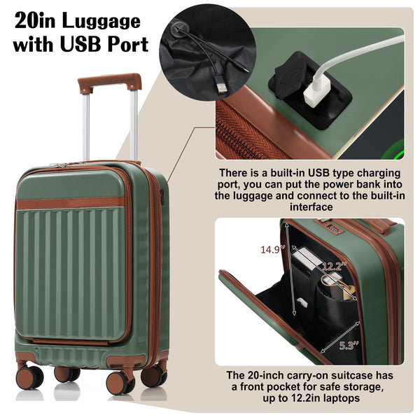 English Elm Luggage 3 Piece Abs Hard Shell Set with Usb Port Front Access and Spinner Wheels Green N726P307555E